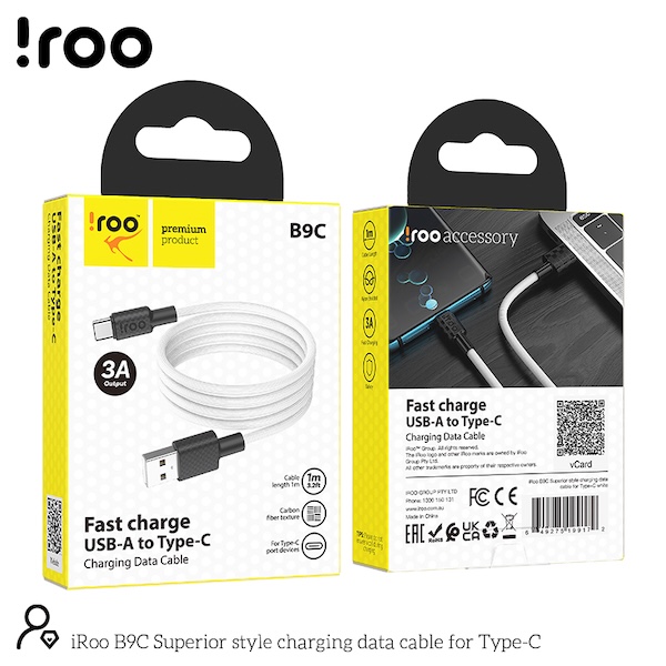 iRoo B9C Carbon Fiber Texture | 3A Fast Charging Type-A to Type-C Cable - 1M